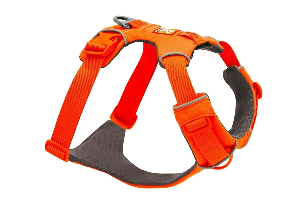 Ruffwear Front Range everyday padded dog harness in vibrant orange color, designed for comfort and control during walks.
