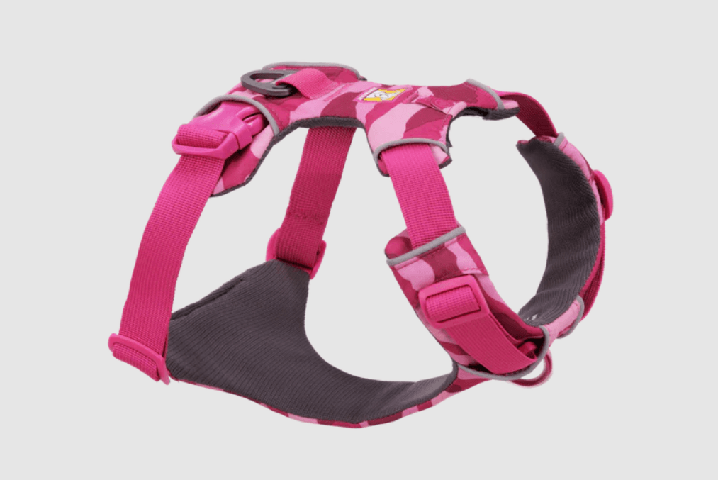 Ruffwear Front Range everyday padded dog harness in pink camouflage design, perfect for daily adventures.