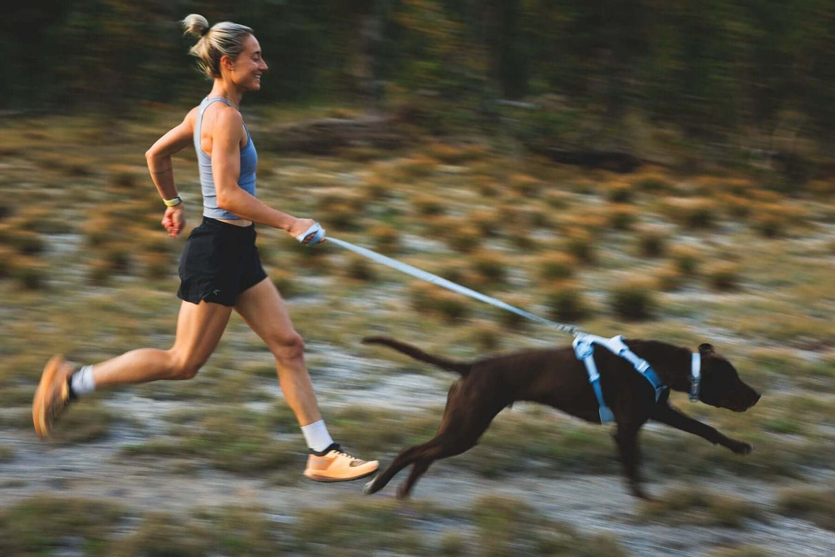 Woman running outdoors with a dog wearing a Ruffwear Front Range Flex dog harness.