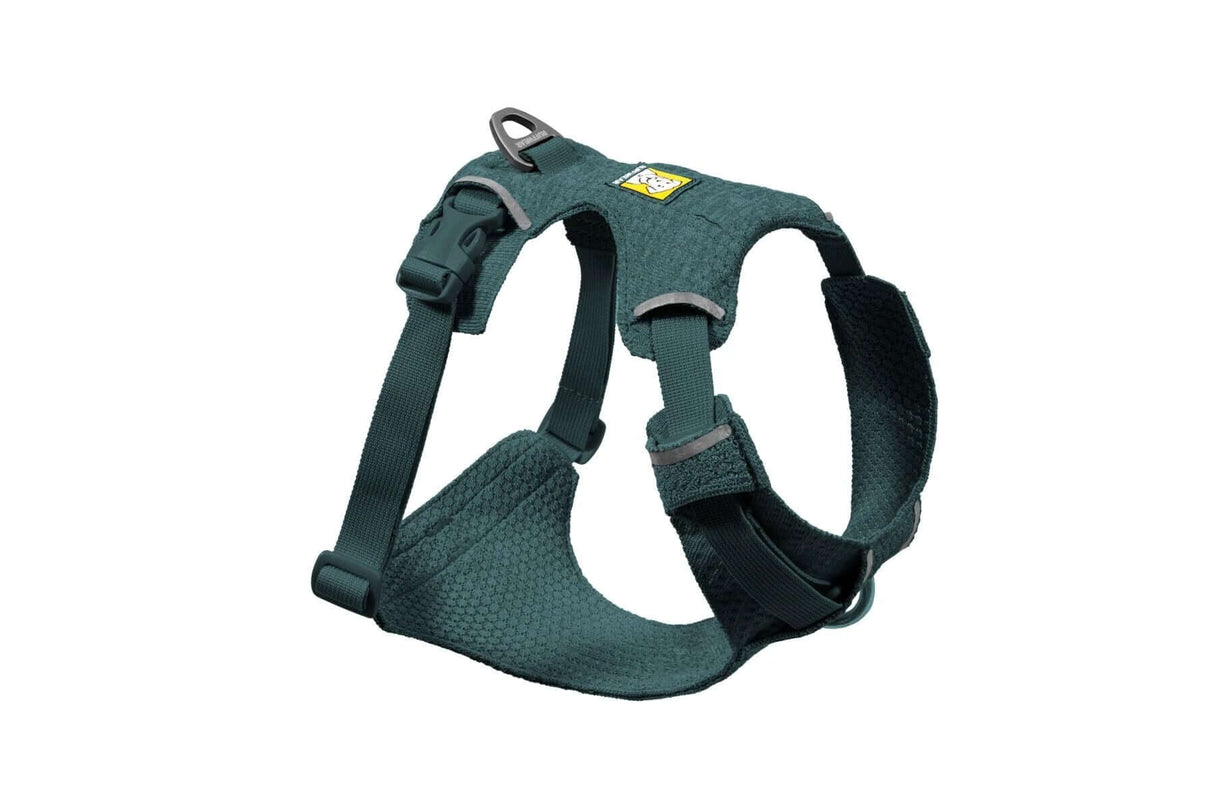 Ruffwear Front Range Flex dog harness in green, designed for comfort and fit for all dog sizes.