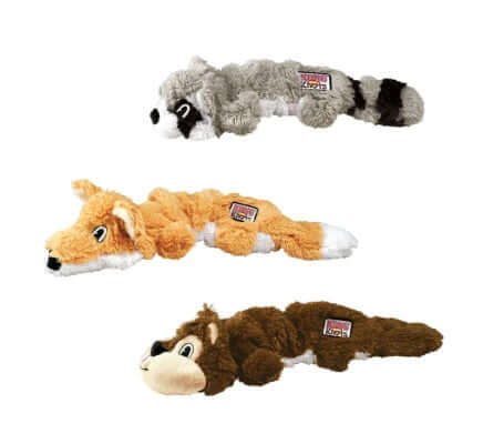 KONG Scrunch Knots dog toys featuring three plush animal designs in raccoon, fox, and dog styles, ideal for pet play.