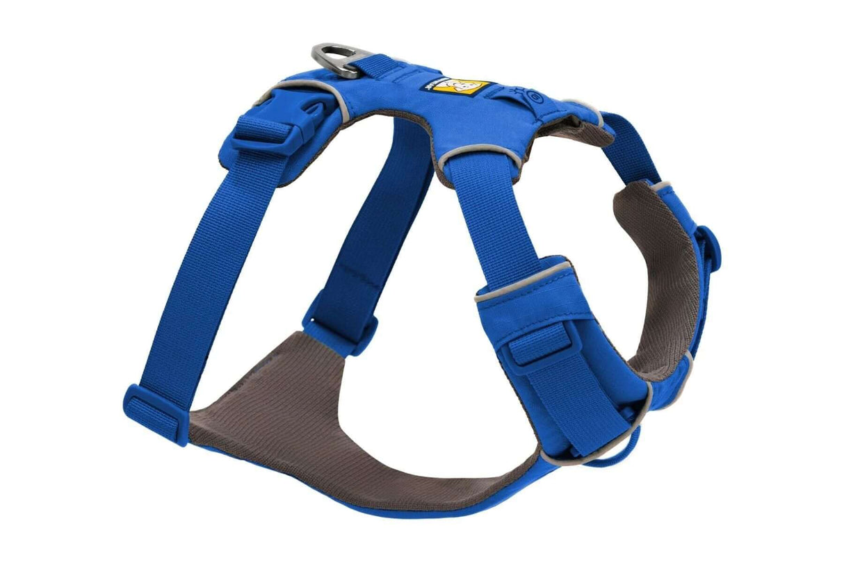 Ruffwear Front Range everyday padded dog harness in blue, designed for comfort and control during outdoor adventures.