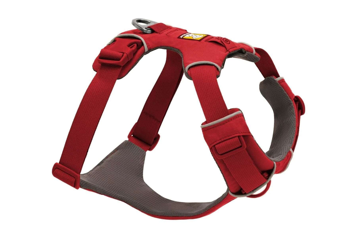 Ruffwear Front Range everyday padded dog harness in red, designed for comfort and control on daily adventures.