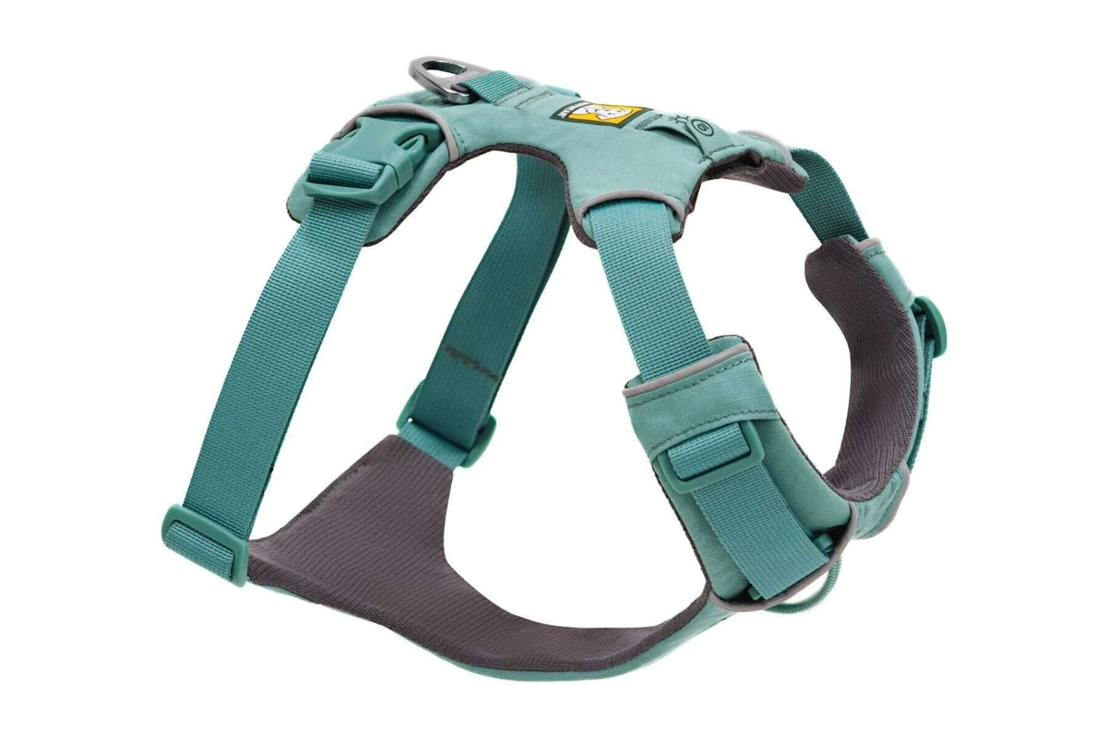 Ruffwear Front Range everyday padded dog harness in teal color, designed for comfort and control during outdoor activities.
