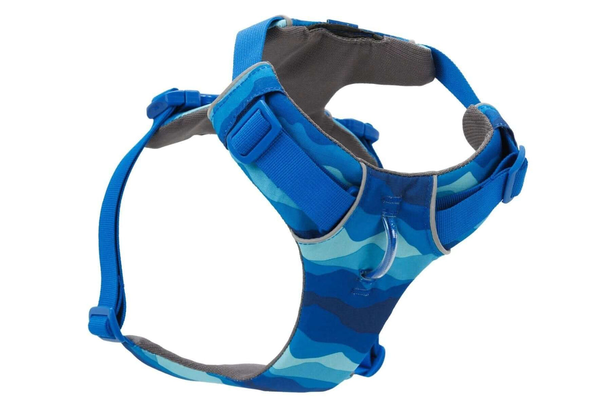 Ruffwear Front Range everyday padded dog harness in blue camouflage design, ideal for daily adventures and comfort.