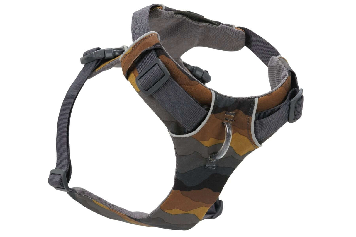 Ruffwear Front Range everyday padded dog harness in a camo design for comfortable daily adventures.