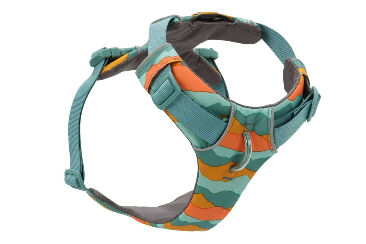 Ruffwear Front Range everyday padded dog harness in teal and orange, designed for comfort and control during adventures.
