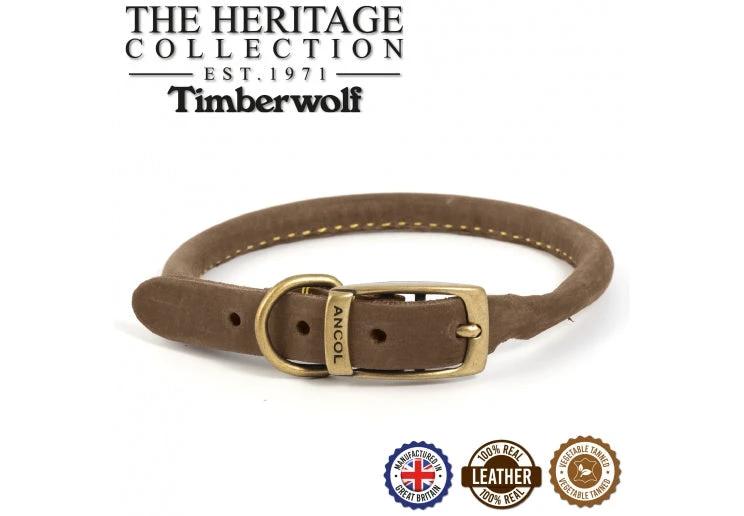 Timberwolf Rolled Leather Dog Collar Ancol UK Made From Top Grain Bridle Leather With Nylon Core by Ancol