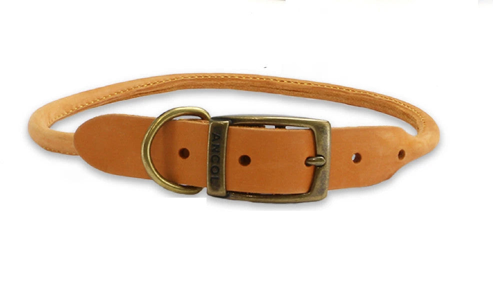 Timberwolf Rolled Leather Dog Collar Ancol UK Made From Top Grain Bridle Leather With Nylon Core by Ancol
