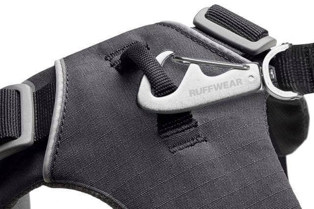 Close-up of the Ruffwear Front Range everyday padded dog harness showcasing its durable materials and secure clips.