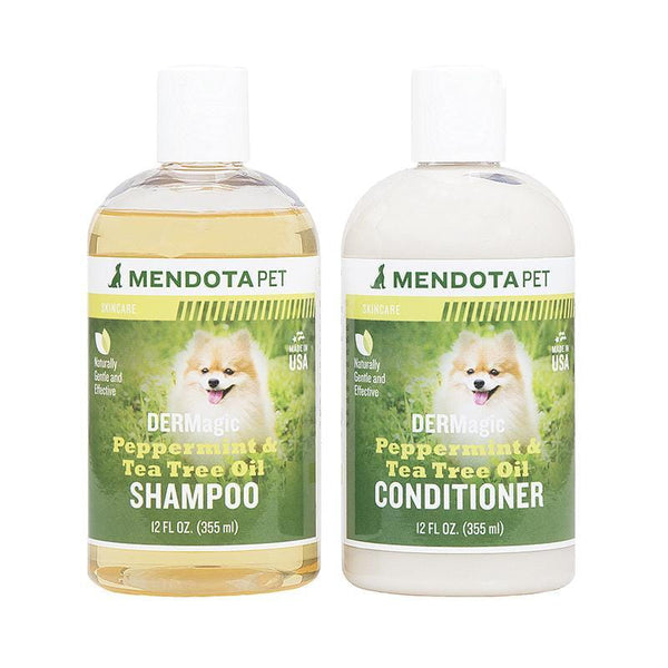 Dog Shampoos and Conditioners including peppermint tea tree oil shampoo and conditioner bottles.
