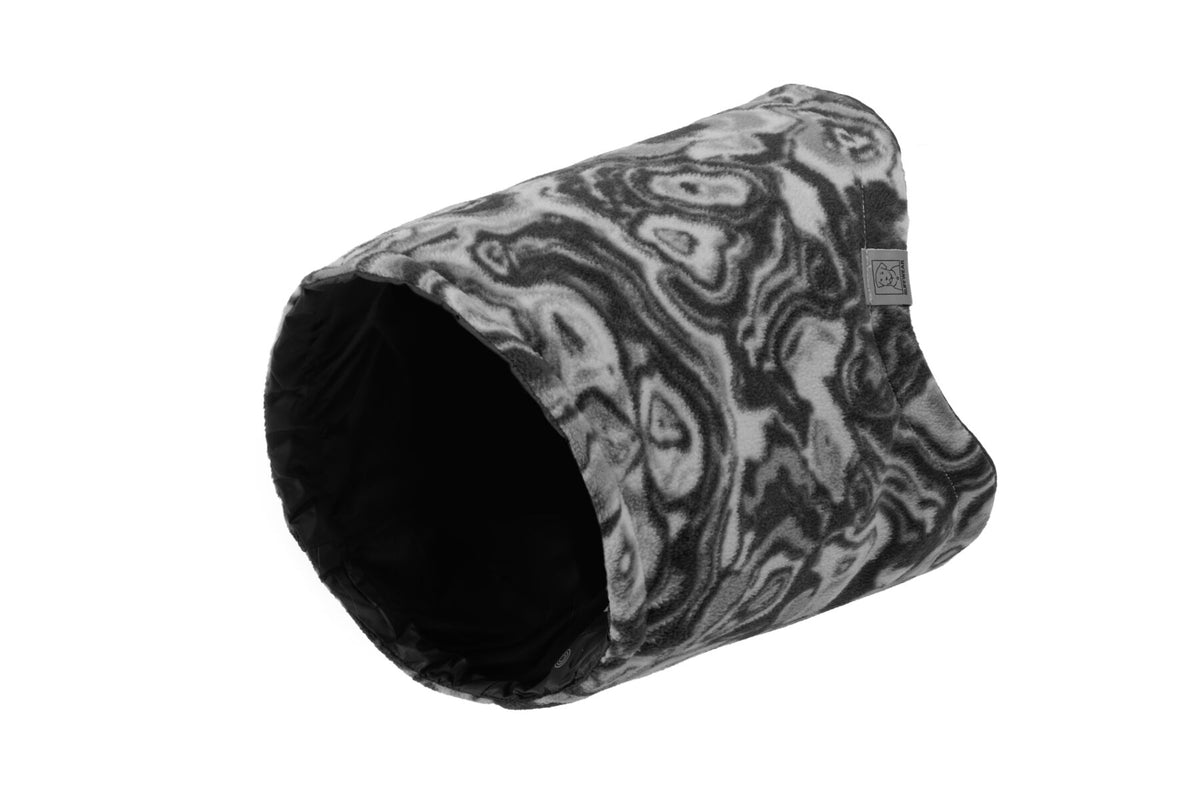 Ruffwear Mt. Hoodie Warming Neck Gaiter in gray and black marble design, perfect for cold weather adventures.