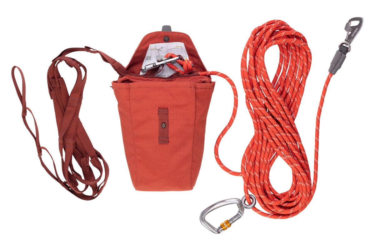 Ruffwear Knot-a-Hitch Dog Tether campsite dog-hitching system with rope and components.